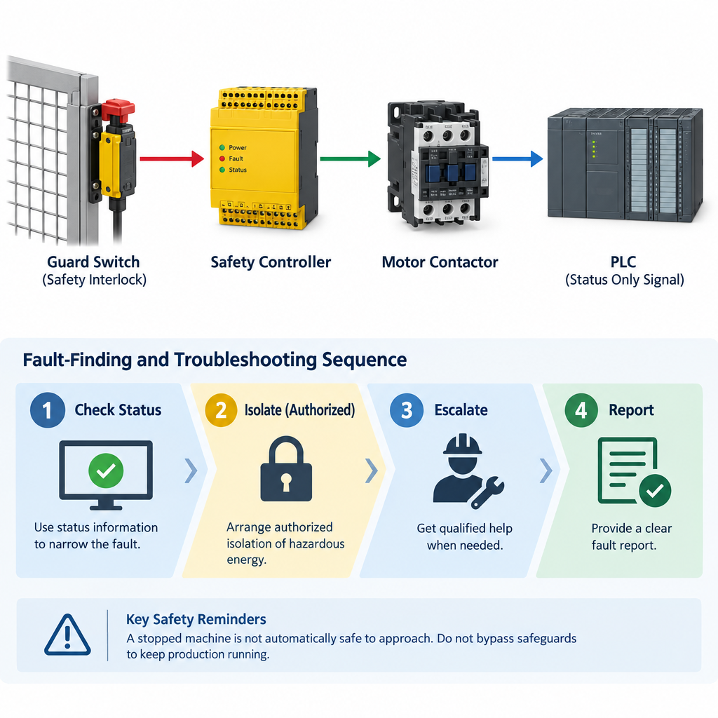 A safety controller manages motor enable while a standard PLC monitors safety status.