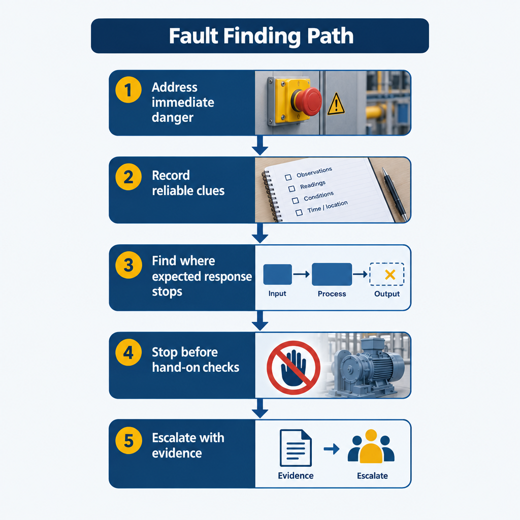Fault Finding Path path Address immediate danger Record reliable clues Find where expected response stops Stop before hand-on checks Escalate with evidence