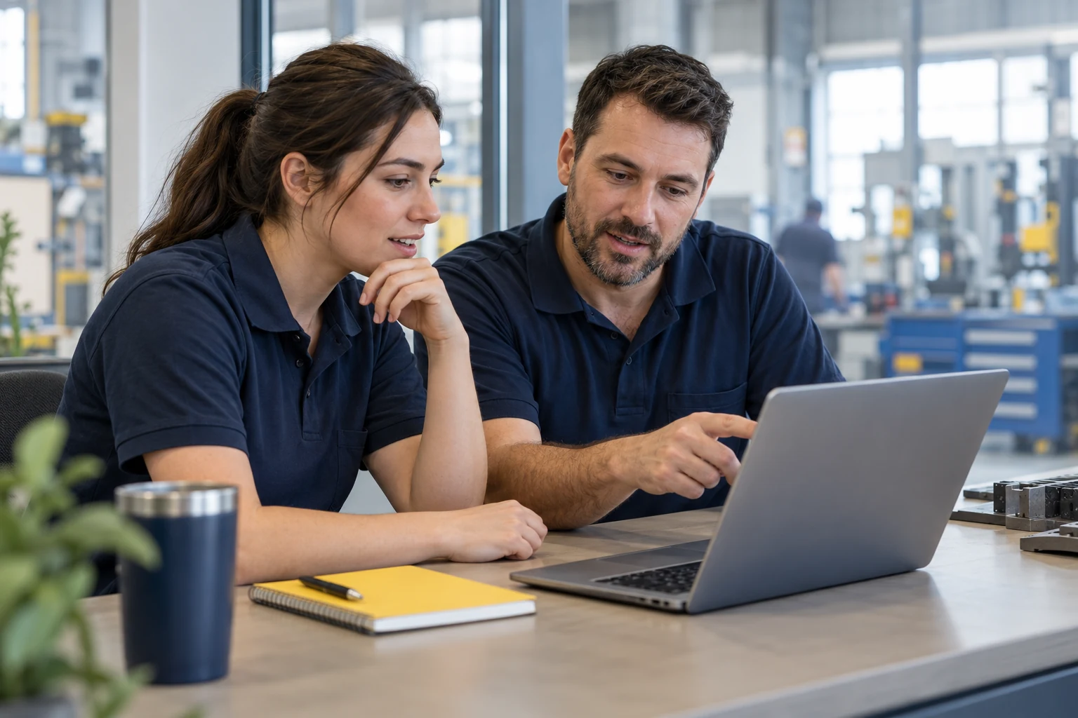 Two colleagues learning together at a laptop in a technical workplace
